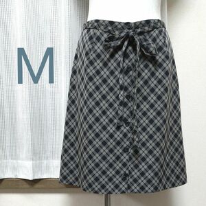 チェック柄 ひざ丈 スカート Mサイズ ネイビー × グレー フレアー 前ボタン ウエストリボン付き 台形スカート レトロ 日本製