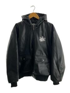 9090◆King Logo Synthetic Leather Hooded Jacket/L/フェイクレザー/BLK