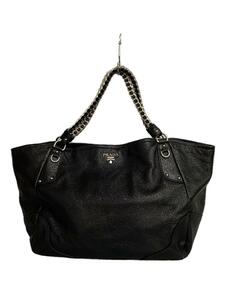 PRADA◆Chain Shopping Tote/トートバッグ/レザー/BLK/無地