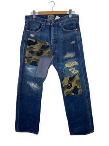 A BATHING APE◆Type2 Damage Denim/パッチワーク/デニム/XL/コットン/無地