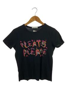 PLEATS PLEASE ISSEY MIYAKE◆Tシャツ/-/コットン/ブラック/PP64-JR766/刺繍/ロゴ//