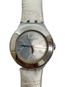 SWATCH◆クォーツ腕時計/アナログ/レザー/SLV/WHT/SS/SR626SW/レザー皺