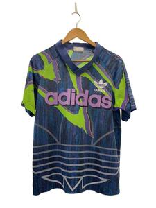 adidas◆80s/Tシャツ/L/BLU/総柄/銀タグ/トレフォイル/デサント製/両面プリント/ゲームシャツ//