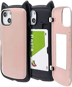 ラスタバナナ ケース カバー iPhone14 13 共用 ハイブリッド 猫耳 ネコミミ 耐衝撃吸収 カード入れ 鏡 ミラー かわ