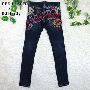 RED PEPPER　Ed Hardy　レッドペッパー×エドハーディー　蝶　スカル　刺繍ロゴ　ローライズ　ユーズド加工ストレッチスキニー　27