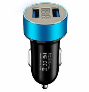 USB2ポート カーチャージャー ブルー シガーソケット スマホ 合計3.1A 急速充電 電圧計 車載 12V 24V _