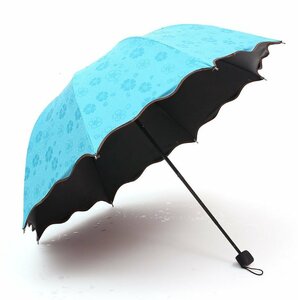 【vaps_2】濡れると花びらが浮き出る 晴雨兼用 折りたたみ傘 雨傘 《ブルー》 UVカット 遮光 軽量 可愛い お洒落 送込