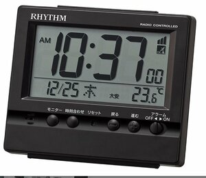 リズム (RHYTHM) 置き時計 黒 9.1×10.5×5.2cm 電波時計 目覚まし時計 アラーム 温度 湿度 カレンダー 8RZ201SR02