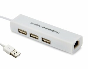 【vaps_4】USB2.0ハブ 3ポート 有線LANアダプタ付き 500mA 10/100Mbps 送込
