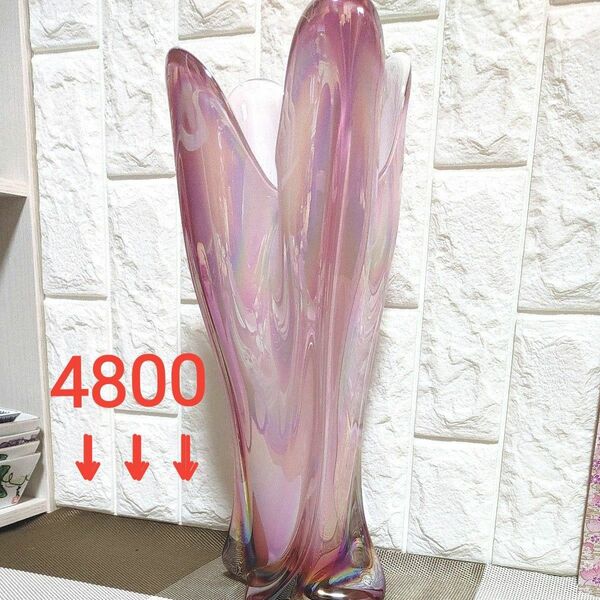 割引価格中　Art Glass オーロラピンク　ヴィンテージ　フラワーベース骨董品ニュウ欠け無し美品　高37cm