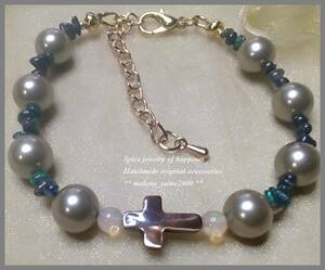 *NM*. pearl 8mm& black opal & mother ob pearl Cross gold color bracele (*^^*)* inside diameter 16cm free *B3