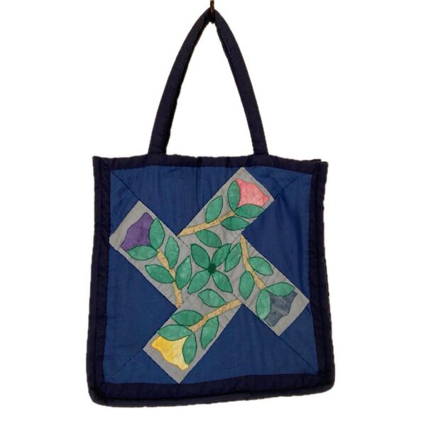 ハンドメイド パッチワーク 刺繍 風車型 花柄 トートバッグ サブバッグ 全体綿入り