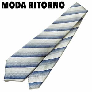日本製 MODA RITORNO ネクタイ ストライプ シルバー×ブルー 絹100%