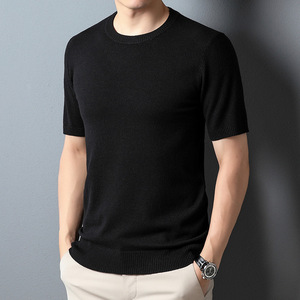 サマーセーター ニットTシャツ 半袖ニット メンズ サマーニット トップス カットソー カジュアル 黒 M