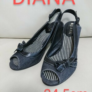 超美品【DIANA ダイアナ】デニム オープントゥ サンダル ミュール パンプス リボン インディゴブルー リボン レザー ステッチ 24.5cm