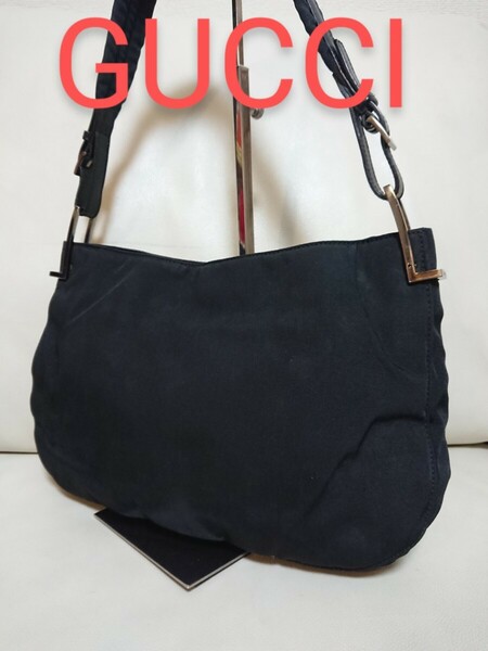 美品【GUCCI グッチ】ワンショルダー ナイロン レザー ブラック ハンドバッグ 003.3193 シルバー金具 肩掛け