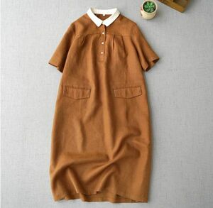 夏新品～オシャレ シャツワンピース リネン ワンピース 大人 綿麻 きれいめ 着痩せ 半袖 大きいサイズ ひざ丈ワンピース～オレンジ XL