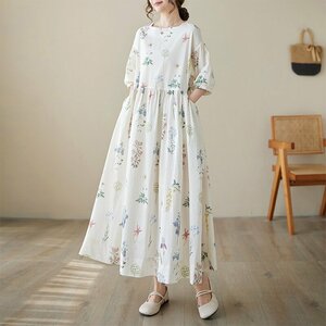 春夏新品～ロングワンピース 花柄 ワンピース 半袖 きれいめ 綿麻 大人 着痩せ 大きいサイズ プリント柄 ミモレ丈 ワンピース 涼しい～XL