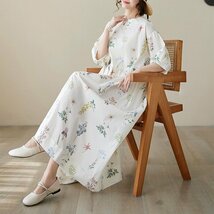 春夏新品～ロングワンピース 花柄 ワンピース 半袖 きれいめ 綿麻 大人 着痩せ 大きいサイズ プリント柄 ミモレ丈 ワンピース 涼しい～2XL_画像1