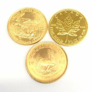 K24　K22　メイプルリーフ金貨　イーグル金貨　クルーガーランド金貨　1/10oz　3枚まとめ　総重量9.6g【CDAX8051】