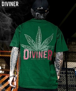 DIVINER　ディバイナー　グリーン　L　Two Pattern Logo Weed TEE　ヘビーウェイト　ビッグシルエット　メンズ　レディース