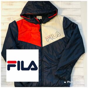 フィラ　FILA M スリートーン　ナイロン　中綿ジャケット　中綿パーカー　ネイビー×レッド×ホワイト