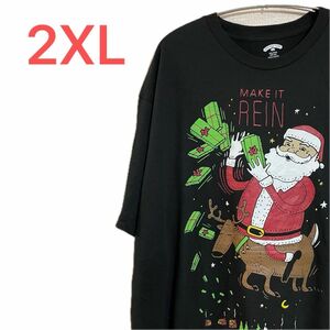【US古着】ブラック 2XL Tシャツ 半袖 レギュラー プリント メンズ レディース 大きいサイズ オーバーサイズ サンタ