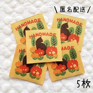 【新品】ハンドメイド 刺繍タグ T-418 猫 ネコ フラワー お花 5枚セット