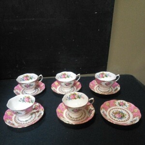 ROYAL ALBERT ロイヤルアルバート カップ&ソーサー5客まとめて イギリス製 Bone China 金彩 Lady Carlyle 0504