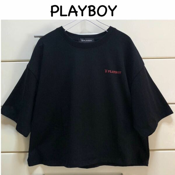 【送料込み】　PLAYBOY バック　カラフル　イラスト　 半袖　 短丈　ショート　Tシャツ　 カットソー　M ブラック　黒　プレイボーイ　