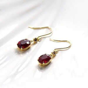 K18 ruby oval cut 2 carat diamond 0.07 carat hook earrings quality written guarantee attaching 