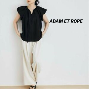 ADAM ET ROPE アダムエロペ★【洗える】サッカーブラウス　リボン　くるみボタン　ふんわりスリーブ　