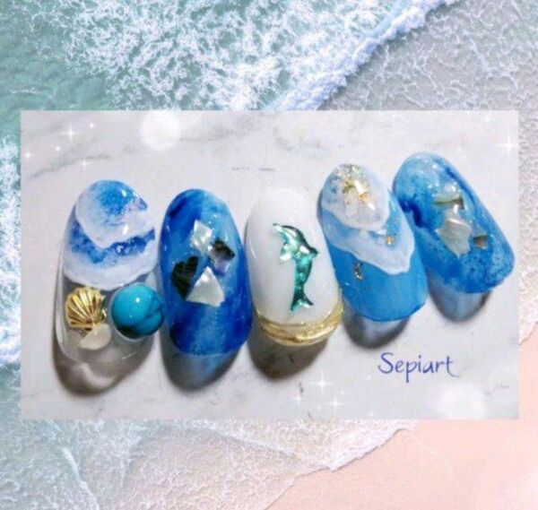 No144 ジェルネイルチップ☆付け爪☆イルカ×波ネイル☆海 夏ネイル