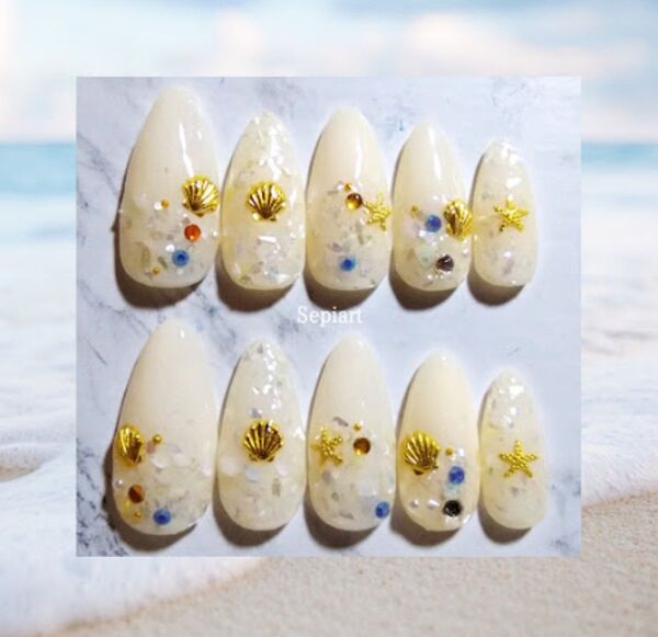 No145 ジェルネイルチップ☆付け爪☆アイボリーワンカラー☆シェル 夏ネイル