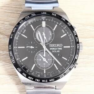 【F-15068】1円～ SEIKO WORLD TIME SOLAR セイコー ソーラー メンズ 時計 V195-0AE0 不動品 ジャンク扱い 付属品なし