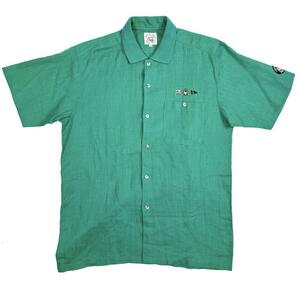 SINACOVA シナコバ　半袖シャツ　リネン100% グリーン　ワッペンデザイン　刺繍　size M　メンズ　男性用