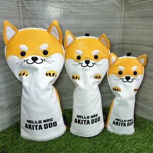 ゴルフヘッドカバー３点セット　ドライバー用　フェアウェイウッド用　ユーティリティ用　秋田犬黄色