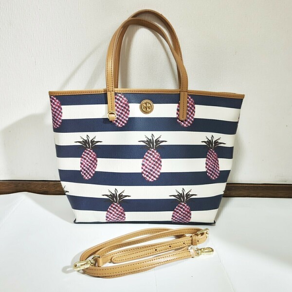 TORY BURCH トリーバーチ 2wayボーダートートバッグ 正規販売店購入品☆キャンバストート/通勤通学/ ショルダーバッグ/斜めがけバッグ