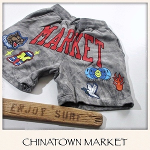 [CHINATOWN MARKET коричневый ina Town рынок / Los Angeles ] Thai большой полный декоративный элемент тренировочный шорты M!! (USA производства шорты )