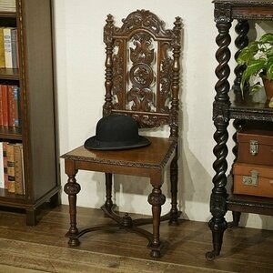英国イギリスアンティーク家具 1890年代 ヴィクトリアン チェア ゴシックスタイル ホールチェア 彫刻 オーク材無垢 A986