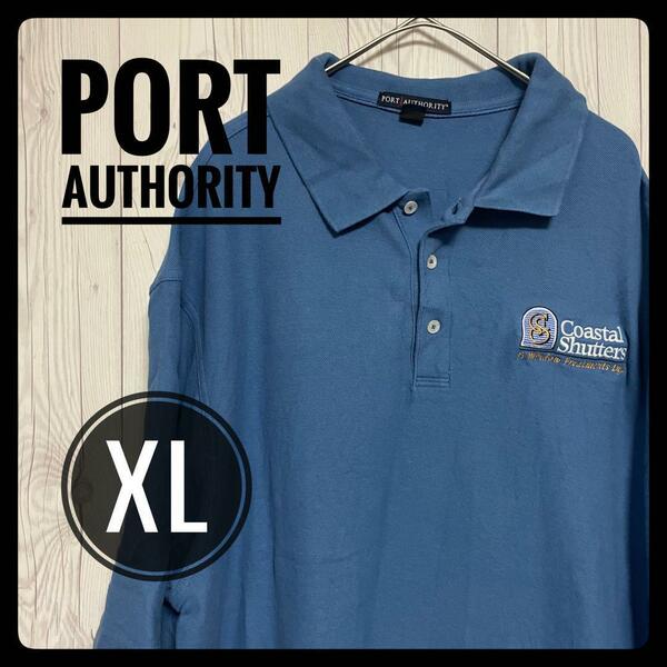 ◆ PORT AUTHORITY ◆ ポロシャツ 半袖 ブルー 青 XL ロゴ 企業b オーバーサイズ US古着 アメカジ ビッグサイズ
