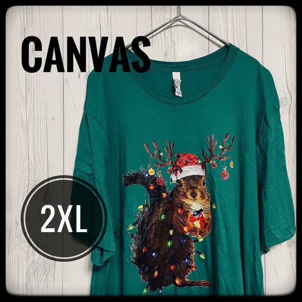 ◆ CANVAS ◆ Tシャツ リス サンタ クリスマス グリーン 緑 2XL US古着 アニマル 動物