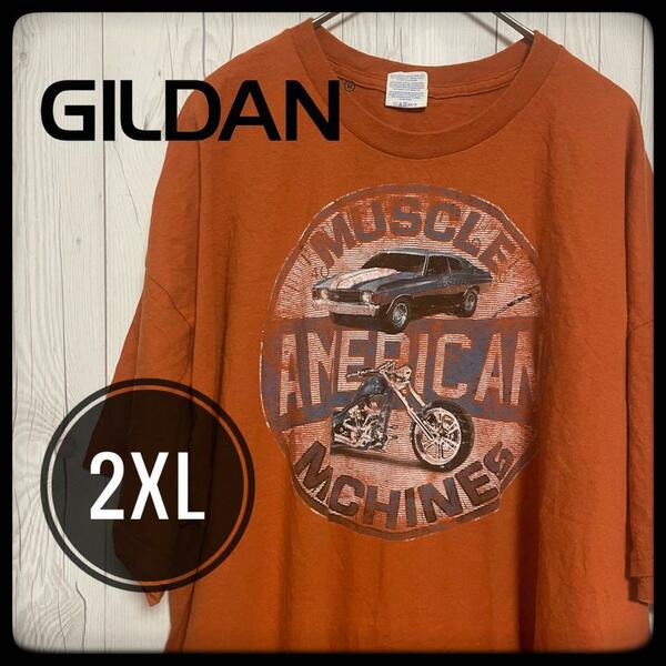 ◆ GILDAN ◆ ギルダン Tシャツ 2XL オレンジ アメ車 ハーレー US古着 オーバーサイズ ビッグサイズ バイク 車