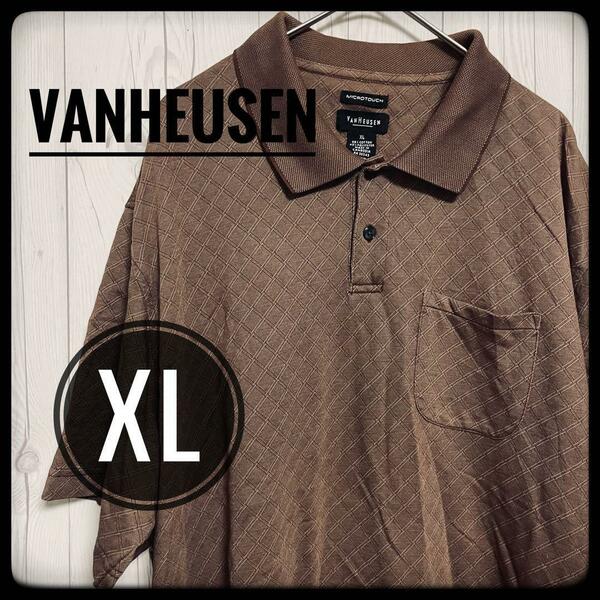 ◆ VANHEUSEN ◆ ヴァンヒューゼン ポロシャツ XL 半袖 US古着 ゴルフ オーバーサイズ ビッグサイズ ブラウン 茶色 チェック 格子