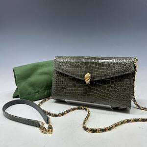 1 jpy ~ condition good [ crocodile original leather ] shoulder bag / leather / chain shoulder /2WAY/ khaki gray [B627M