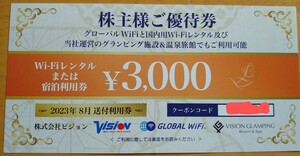 【番号通知可】ビジョン株主優待１枚　 海外グローバルWi-Fi、国内グローバルWi-Fi、グランピング＆温泉旅館 優待券 3000円相当。