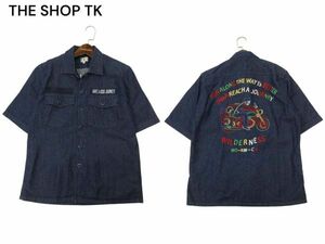 TK Takeo Kikuchi spring summer back bike Skull embroidery * short sleeves Work Denim shirt Sz.2 men's C4T05115_5#A
