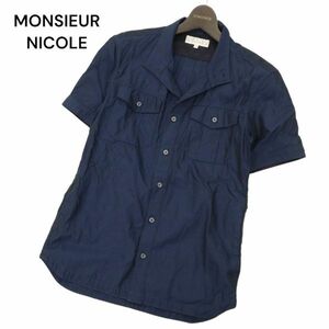 MONSIEUR NICOLEmshu Nicole spring summer stand-up collar * short sleeves work shirt Sz.46 men's navy C4T03960_4#A