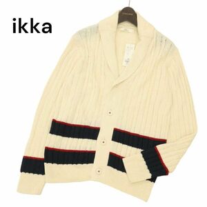 【新品 未使用】 ikka イッカ 春夏 麻 リネン★ ケーブル編み ショールカラー ライン ニット カーディガン Sz.L　メンズ　C4T04116_4#M