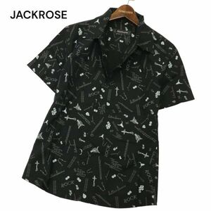 JACKROSE ジャックローズ 春夏 ロゴ スカル ダイス ローズ総柄★ 半袖 オープンカラー ワーク シャツ Sz.3　メンズ 黒　C4T04092_4#A